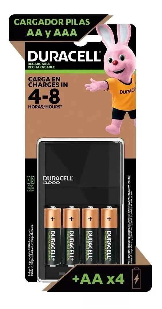 Cargador Pilas Recargables Duracell contiene 1 cargador y 4 baterias AA recargables