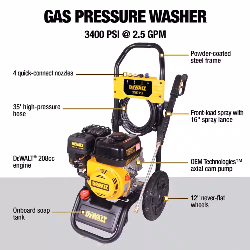 Lavadora a presión de agua fría a gas DEWALT 3400 PSI 2.5 GPM con motor de 208 cc DXPW61372