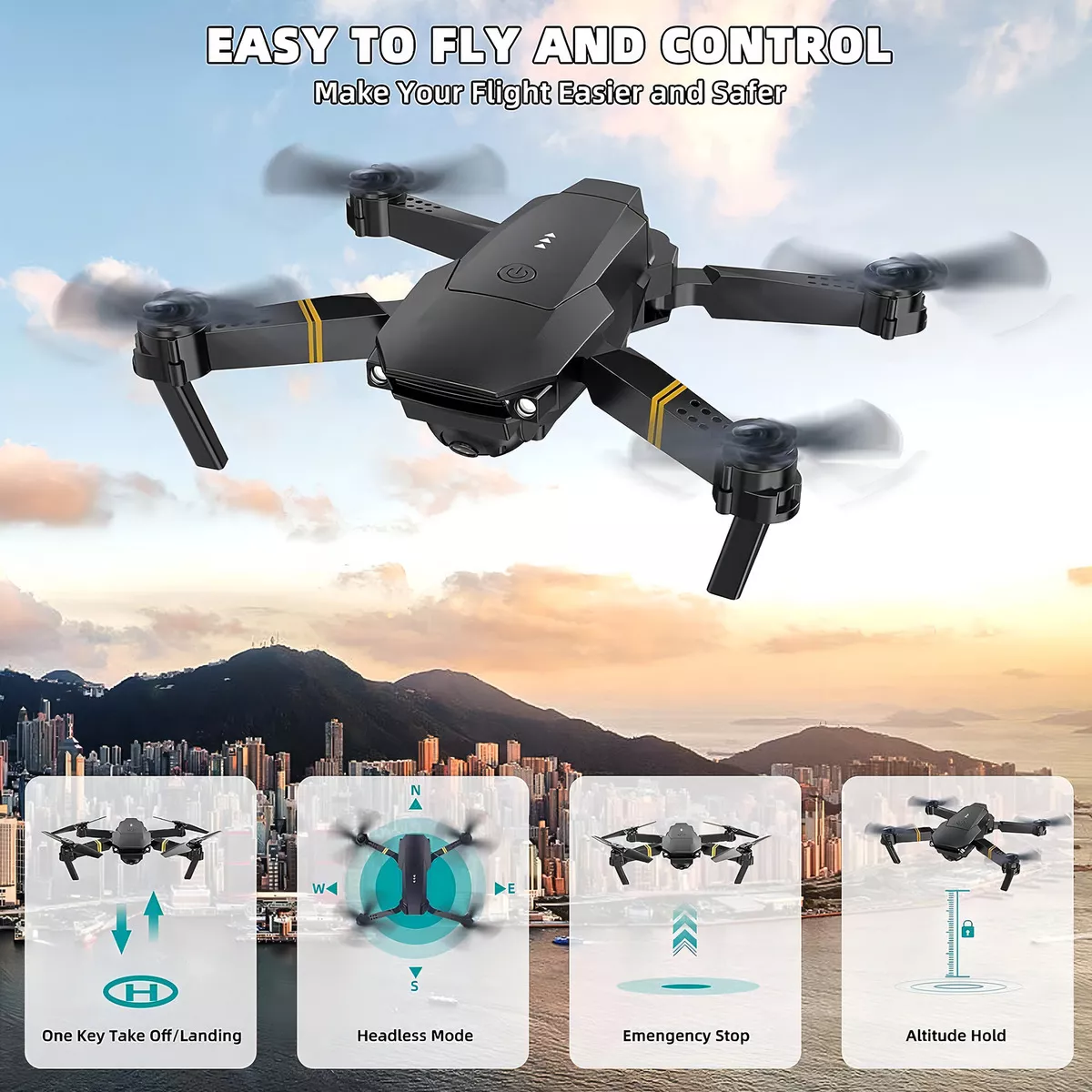 Mini drone Jazimerch 4k E58 Dual camera con dual cámara 4K negro 2.4GHz 3 baterías