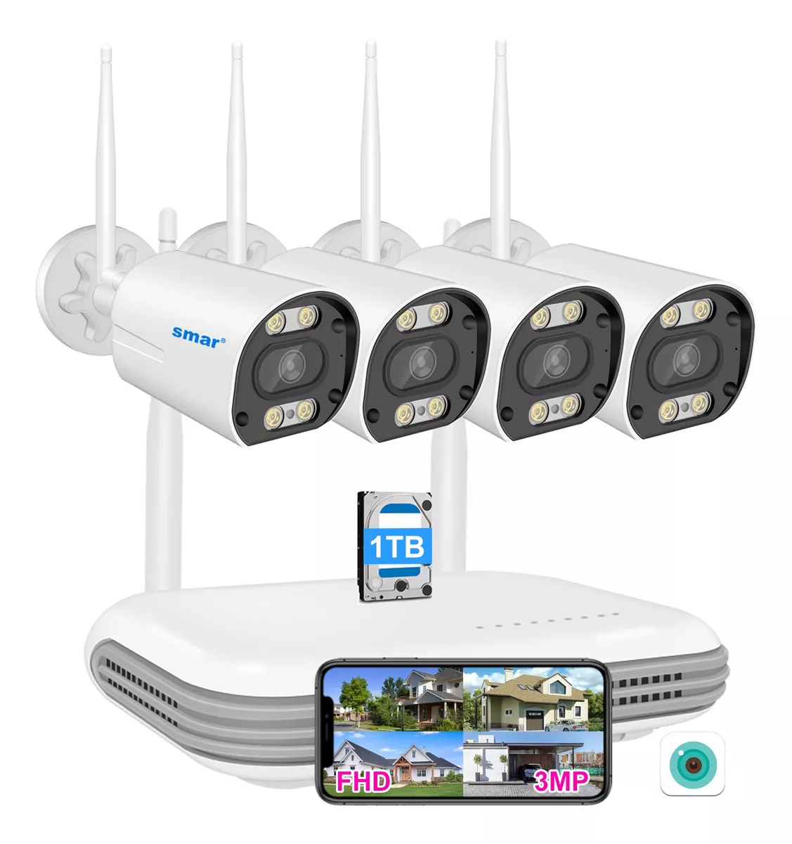 kit 4 C&aacute;maras De Seguridad Wifi Hd 3mp Exterior 1tb Disco