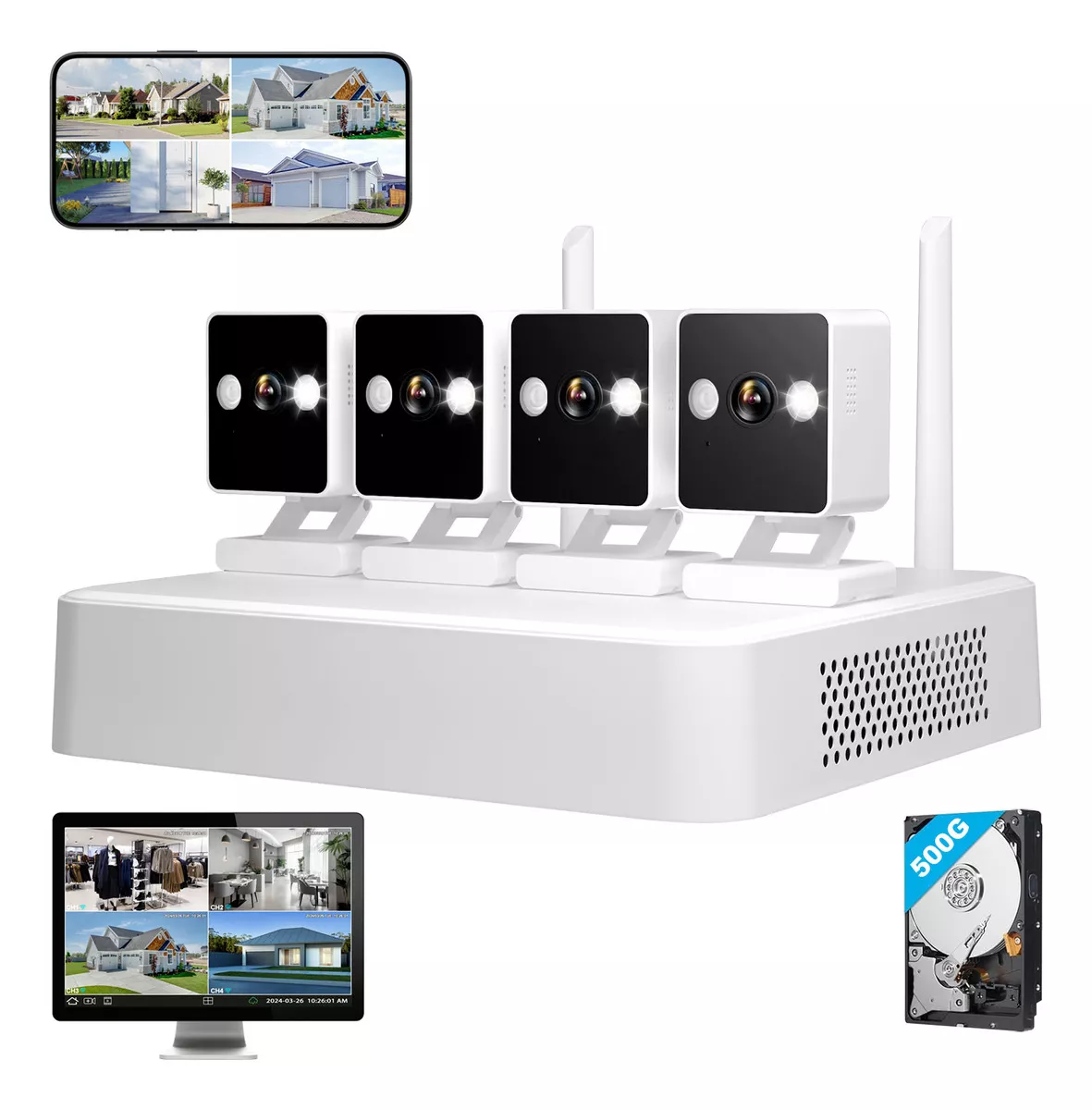 Srihome kit C&aacute;mara De Seguridad Vigilancia 2mp Cctv 500gb color Blanco