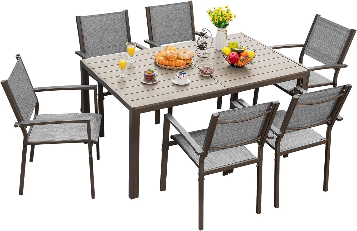 Juego de comedor para patio, 7 piezas, marco de metal, muebles de exterior con 6 sillas de textileno y mesa rectangular, juego de conversaci&oacute;n de cocina familiar para patio trasero, c&eacute;sped, terraza (caf&eacute;)
