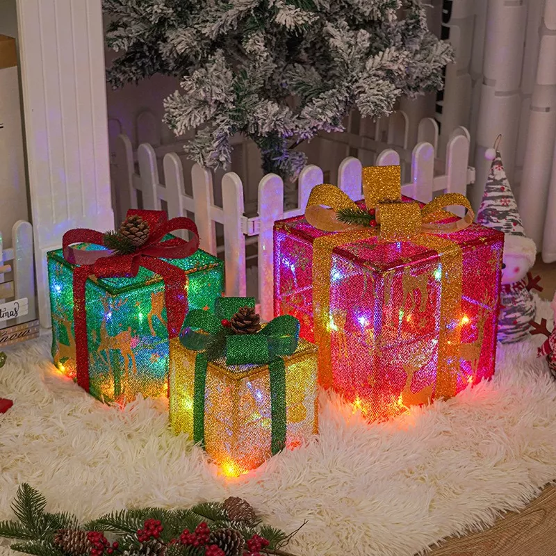 Cajas De Regalo Iluminadas Con Luces Navide&ntilde;as 3pcs