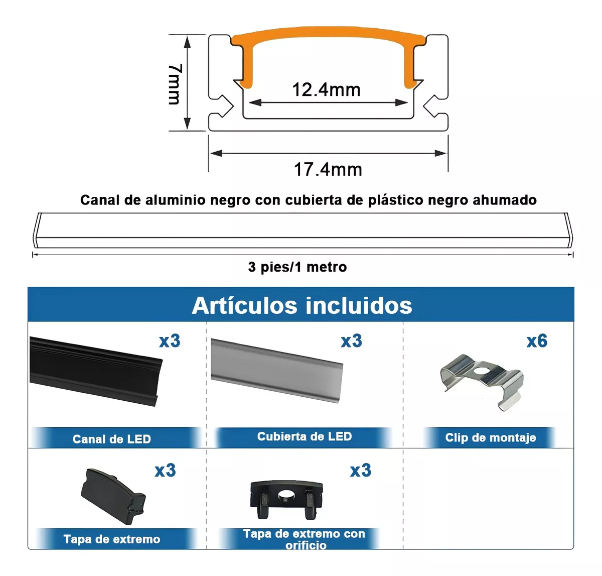 3pcs Perfil De Aluminio Para Tira Led En Casa Oficinas 3m