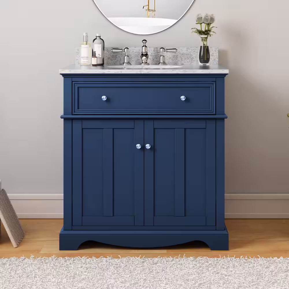 Decorators Collection Fremont tocador de ba&ntilde;o con lavabo individual de 32 pulgadas, color azul marino con tapa de granito gris (ensamblado) TJ-FTV3222BLU