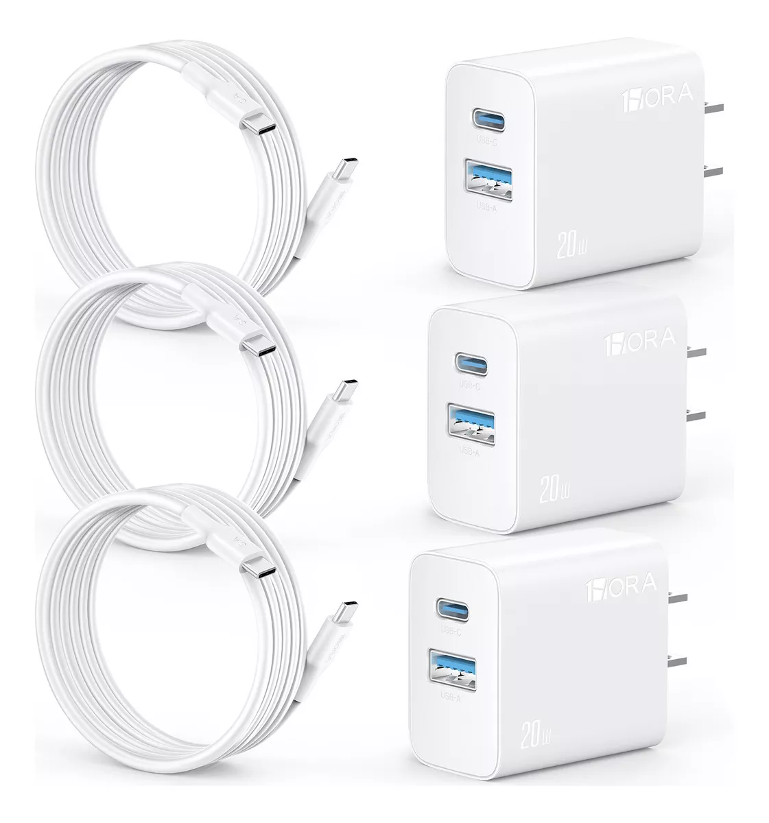 3 Piezas Cargador Tipo C Pd 20w + Usb A 18w 1hora Carga R&aacute;pida Con 3 Usb C Cable Compatible Con Ip 16 15 14 13 Pro Max, Galaxy S21/s22/s23