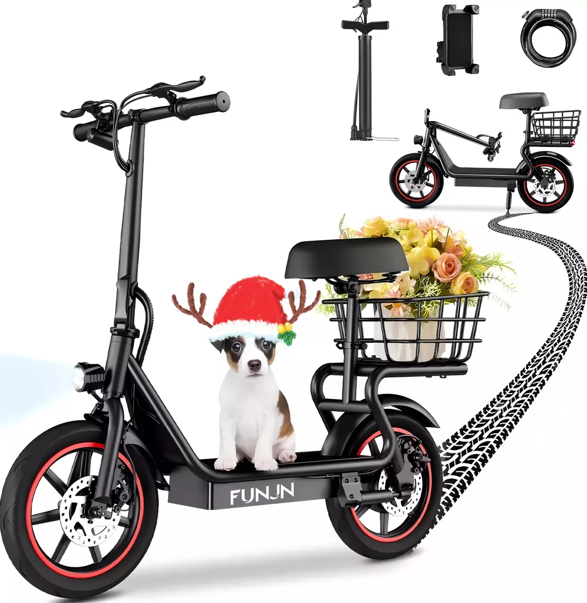 Funjn e11 Scooter Eléctrico Plegable Con Asiento 32km/h-velocidad 45km-autonomía Max Batería 13ah Motor color Negro Con Rosa Funjn Patin Electrico