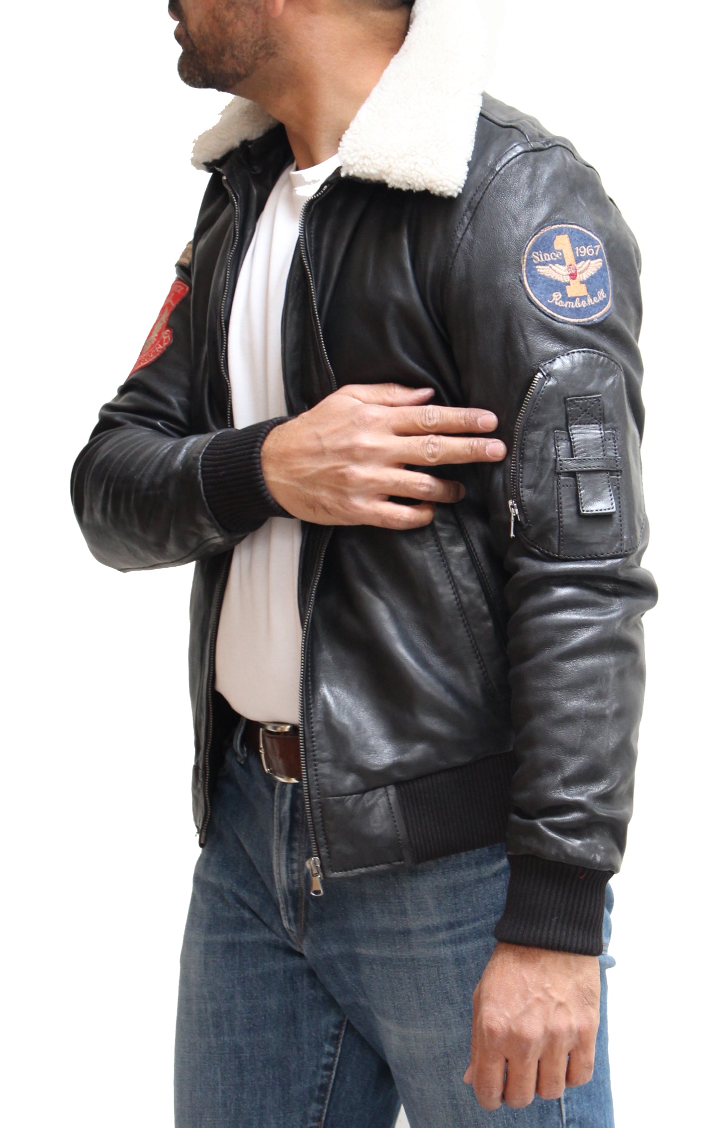 Chaqueta con cuello de piel de oveja negra y crema para hombre - Luke