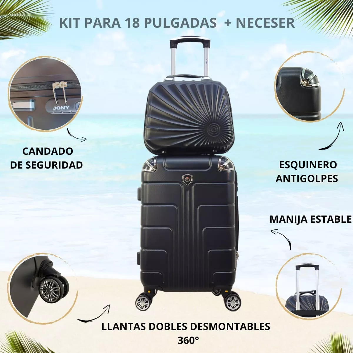 kit Maleta 18 Pulgadas + Neceser Doble Llanta Candado Fijo