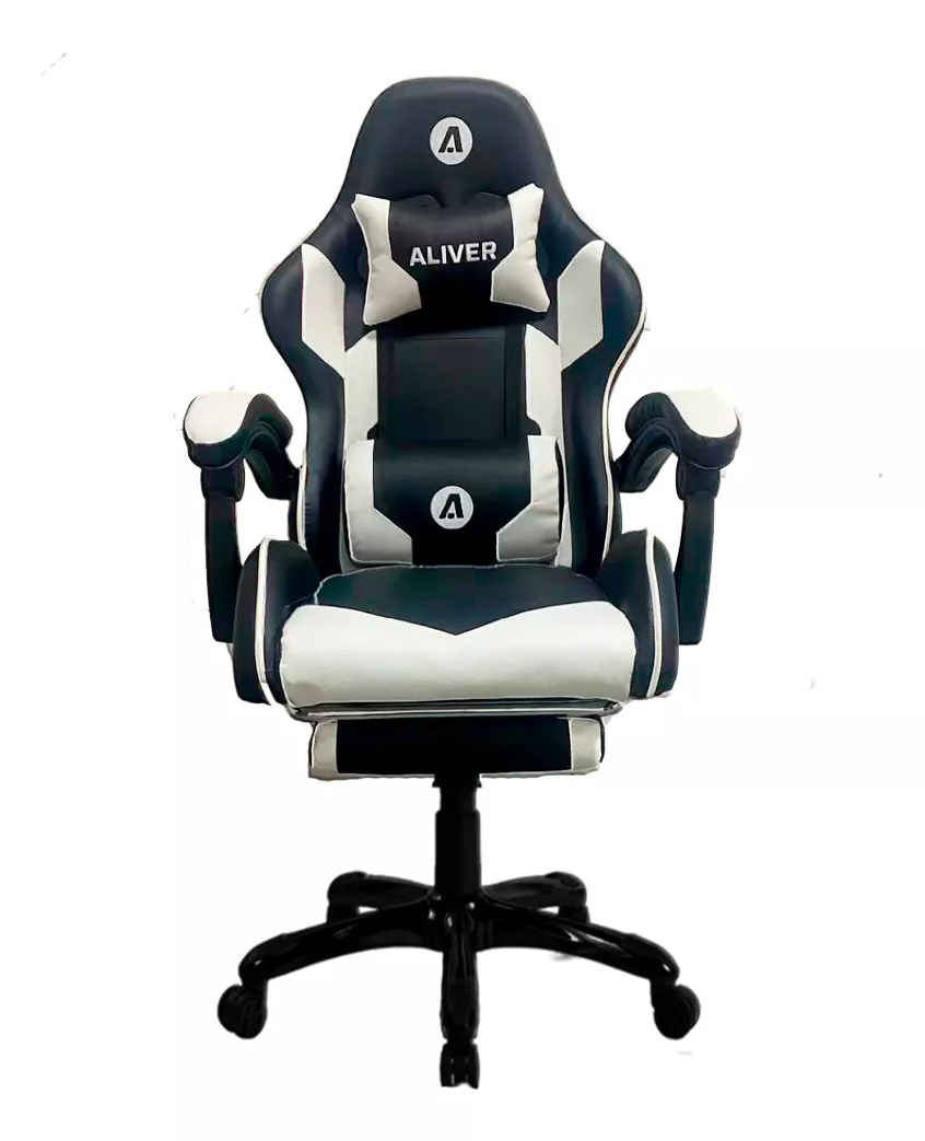 Silla Gamer De Escritorio Ergon&oacute;mica Aliver Raptor Reposapi&eacute;s Reclinable Giratoria Altura Ajustable Logos Bordados color Blanco y Negro material Del Tapizado Cuero Sint&eacute;tico Premium