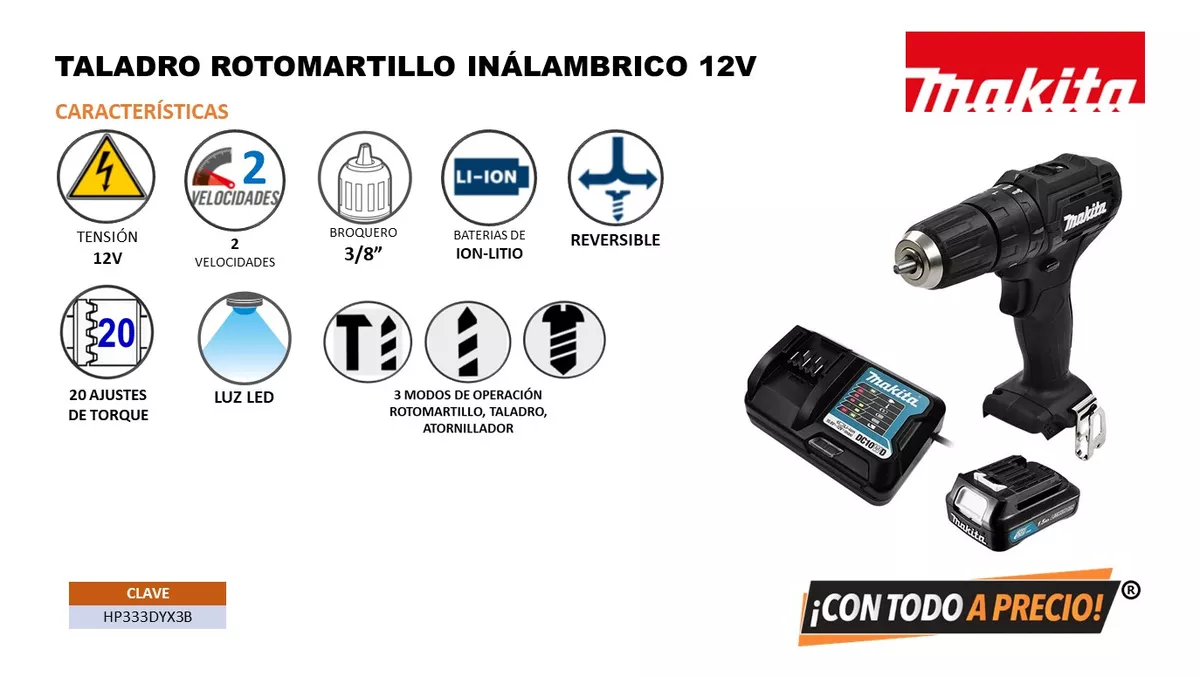Taladro Rotomartillo Makita Hp333dyx3b + Set De Brocas