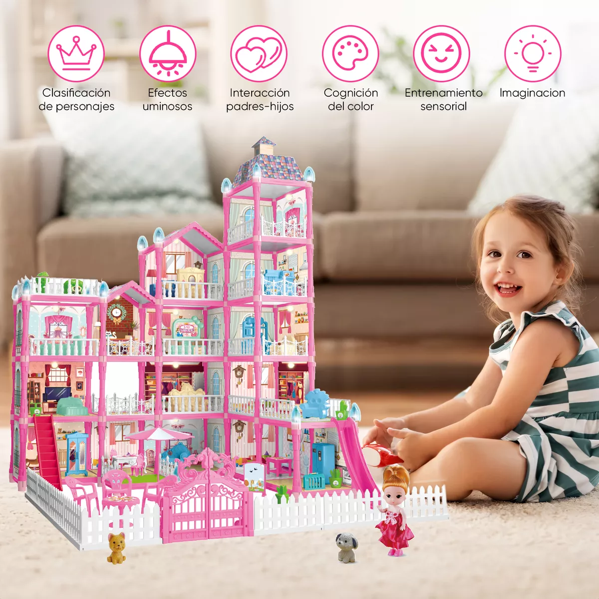Casita Casa Muñecas Led Con Muebles Castillo Princesa 374pzs
