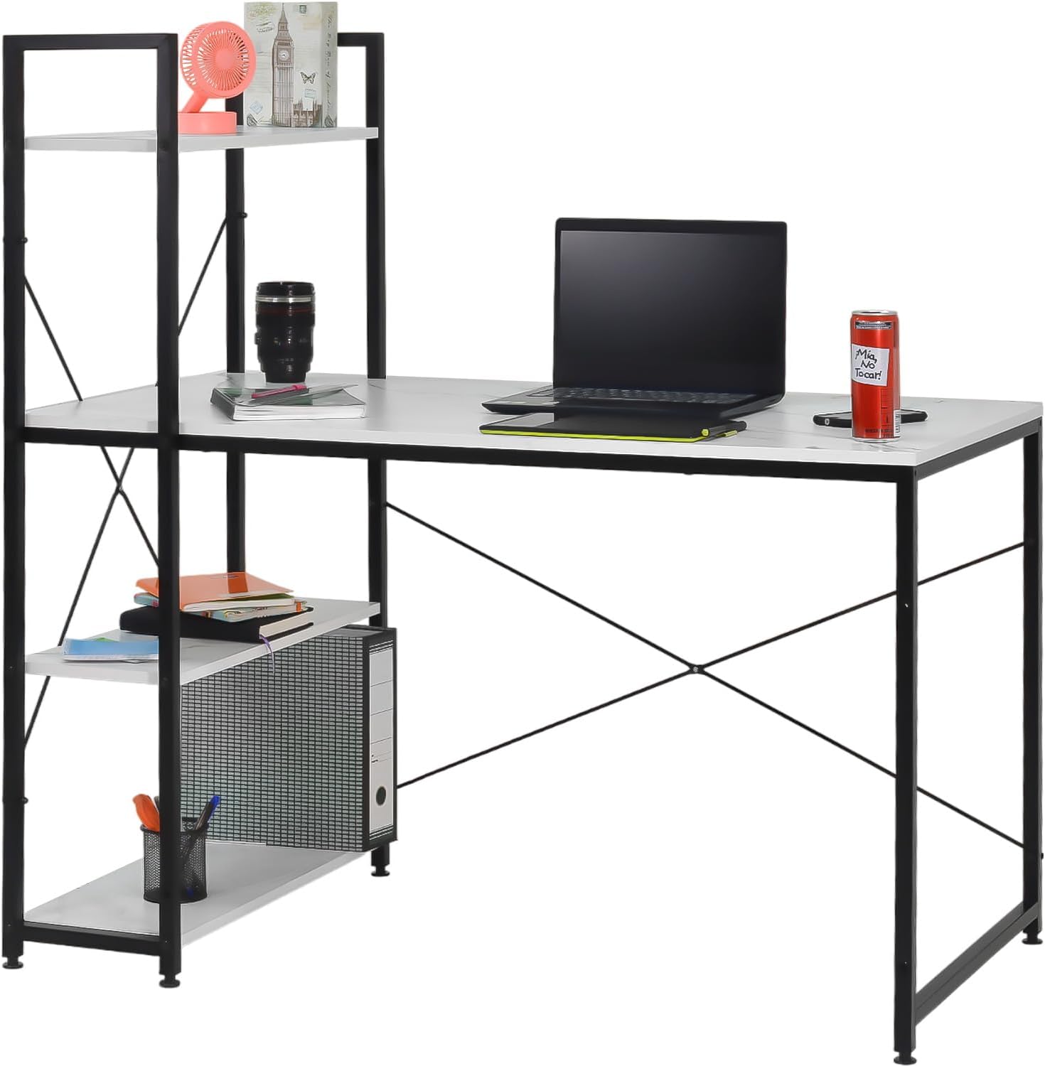 Just Rack & paquete Escritorio para Computadora Escritorios de Oficina Minimalista Modernos Escritorio con Cajones de Madera Moderno con Repisas Blanco Laptop Armable oficina