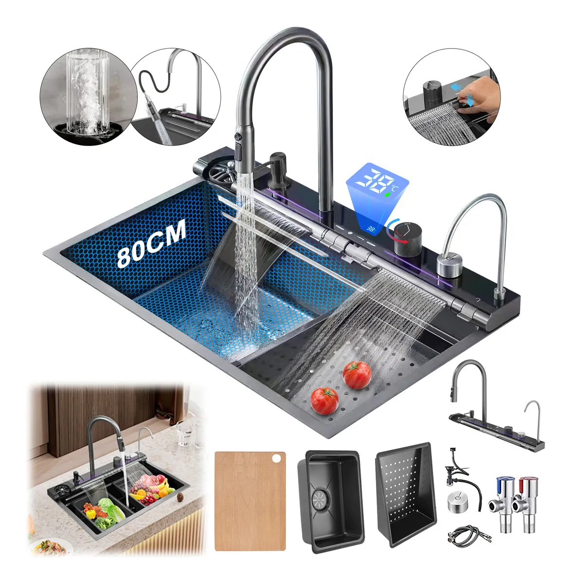 Fregadero de cocina Tarja 80 x 45 x 22cm Cascada Acero Inoxidable 304, Con luces LED, teclas de piano, direcci&oacute;n de flujo de cascada ajustable, Antiara&ntilde;azos los Colores no Desti&ntilde;en, NegroFregadero de cocina Tarja 80 x 45 x 22cm Cascada Acero Inoxidab