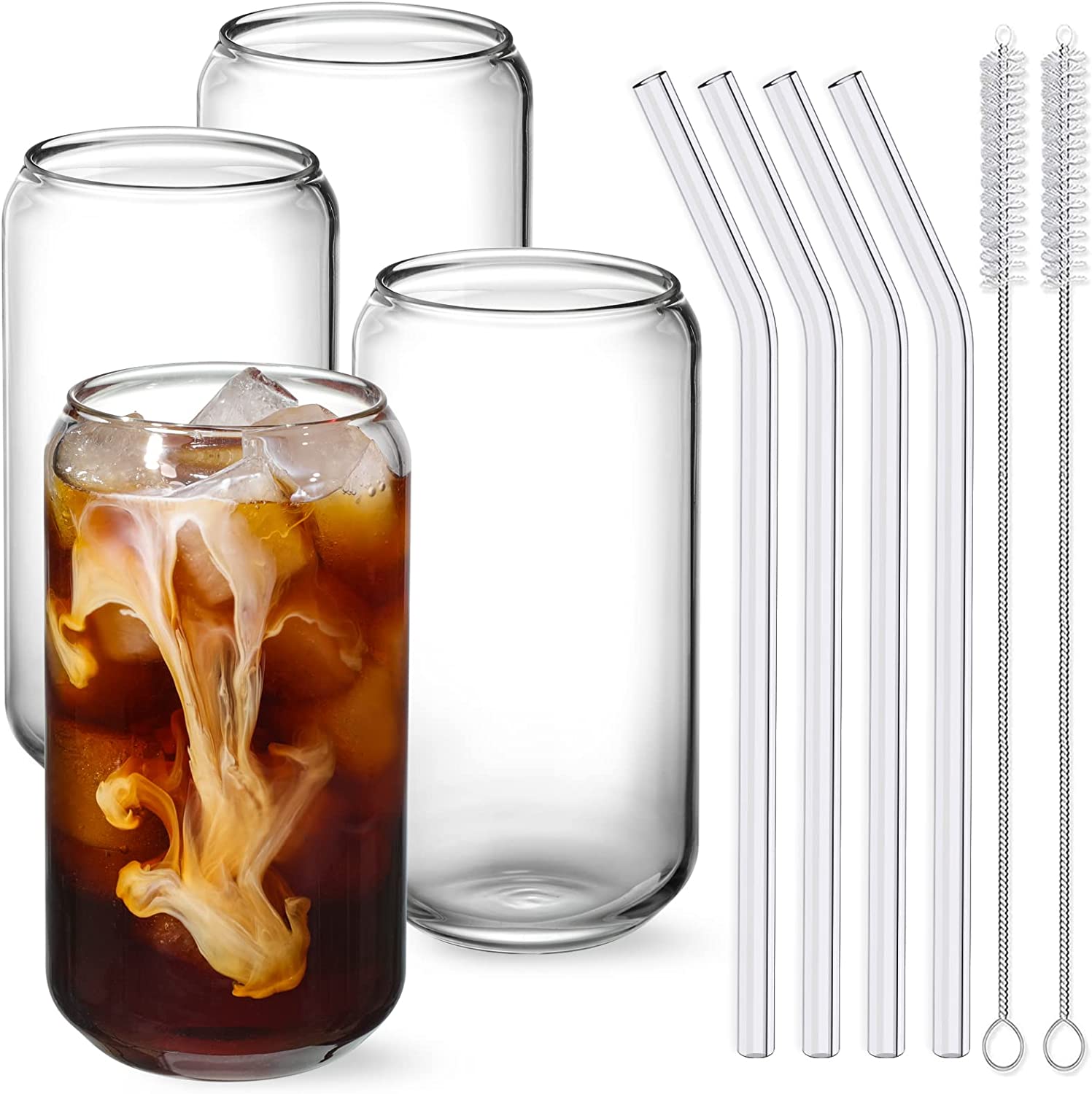 Juego de 4 vasos con pajita de cristal, vasos de vidrio con forma de lata de 16 oz, vasos de cerveza, vasos de caf&eacute; helado, lindo vaso, ideal para whisky, refrescos, t&eacute;, agua, regalo, 2 cepillos de limpieza