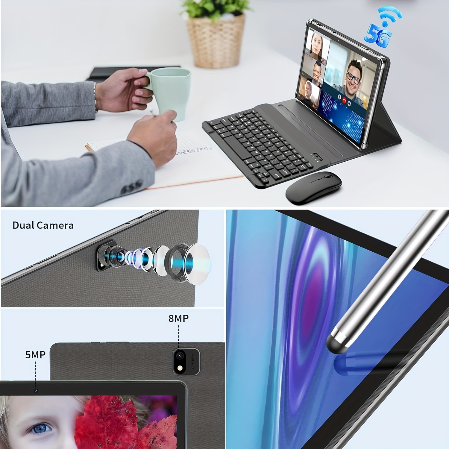 Tablet con Teclado, Tablet 2 en 1, 6GB+128GB, 1TB Expandible, Tablet Android 13, Tablet de 10 Pulgadas con Funda, Ratón, Stylus, Batería 8000mAh, WiFi 2.4G/5G, GPS, Tablet PC Certificado