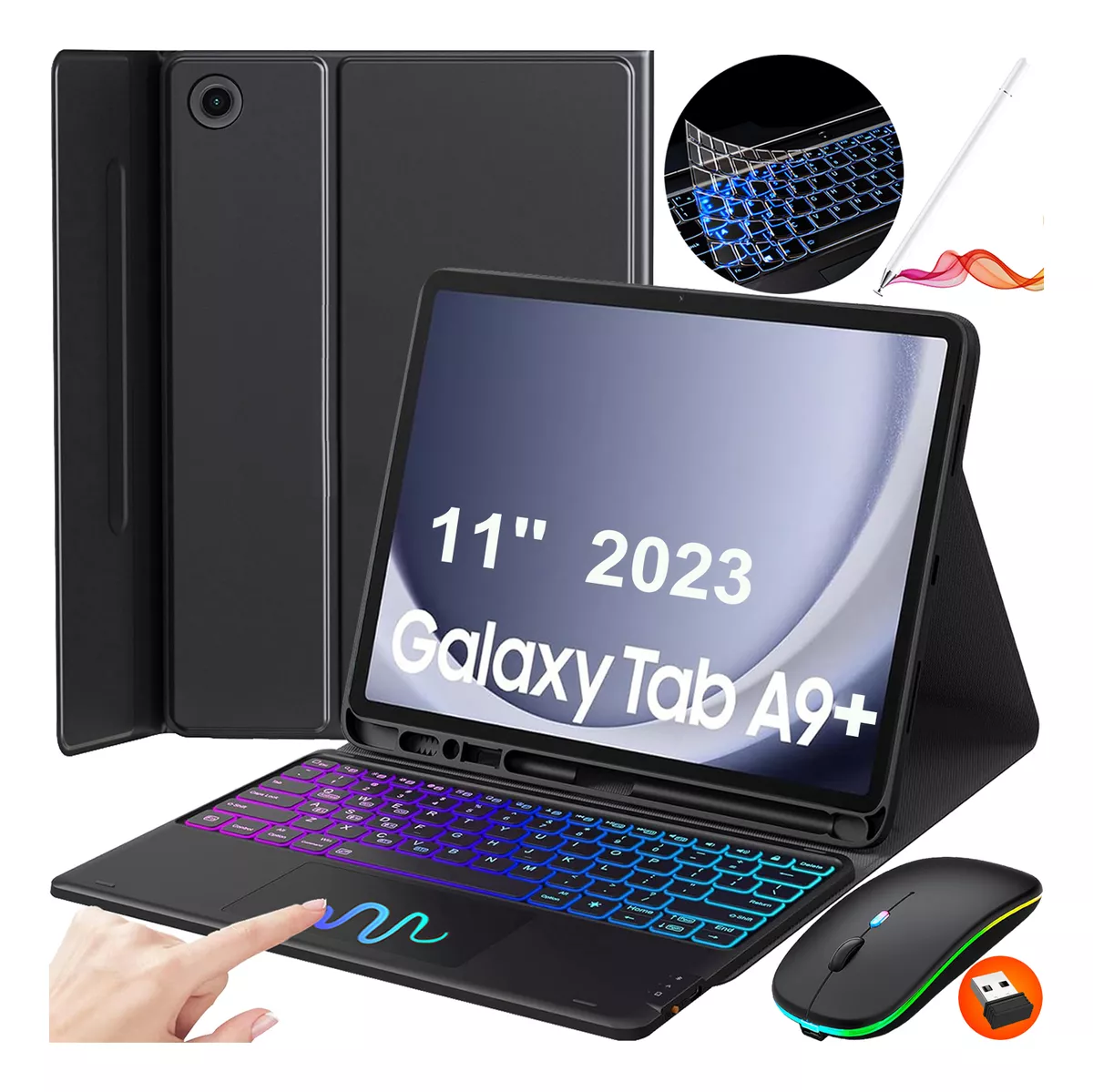 Funda+teclado Iluminado+mouse+l&aacute;piz Para Galaxy Tab A9+ Plus