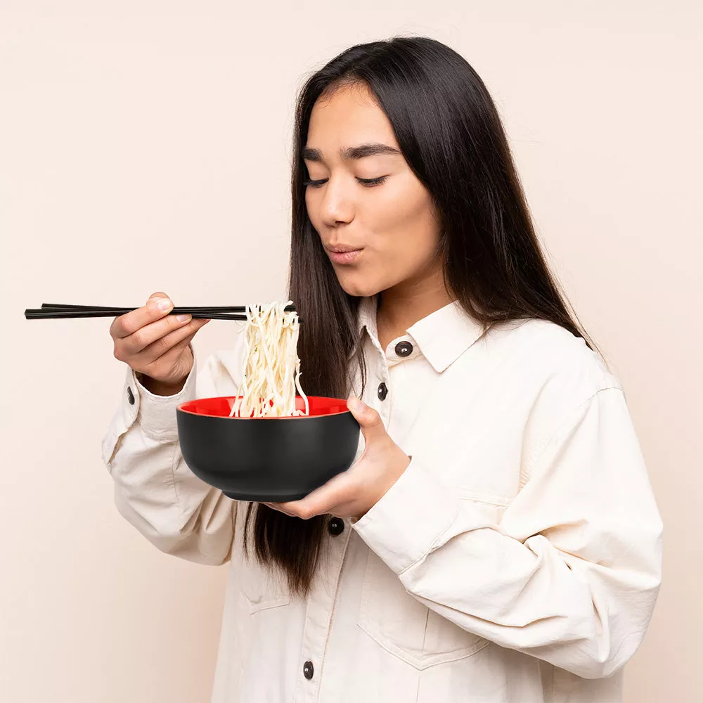 4 Platos de Cerámica para Ramen Extra Grandes (1 Litro), Incluye 4 Palillos Reutilizables de Melamina, Bowls para Noodles, Comida Japonesa y Asiática, Sopa, Cereal