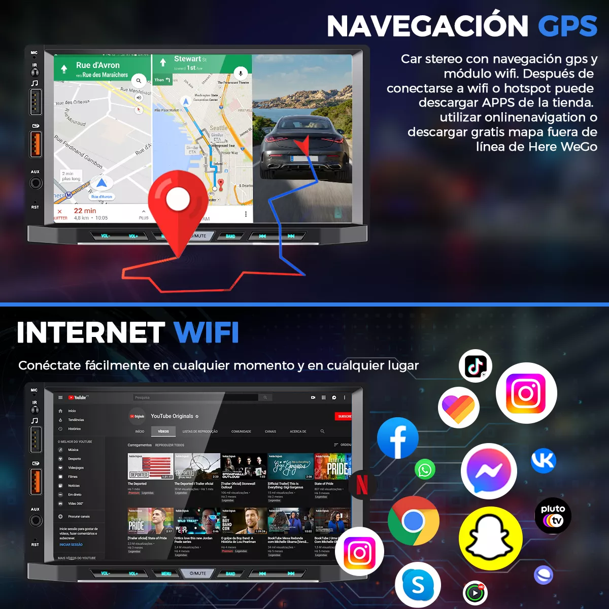 Autoestéreo Gearelec 2din Hd 4+64g Carplay Android Auto 7in bluetooth CARPLAY WIFI Radio FM Android GPS APP se puede instalar Cámara