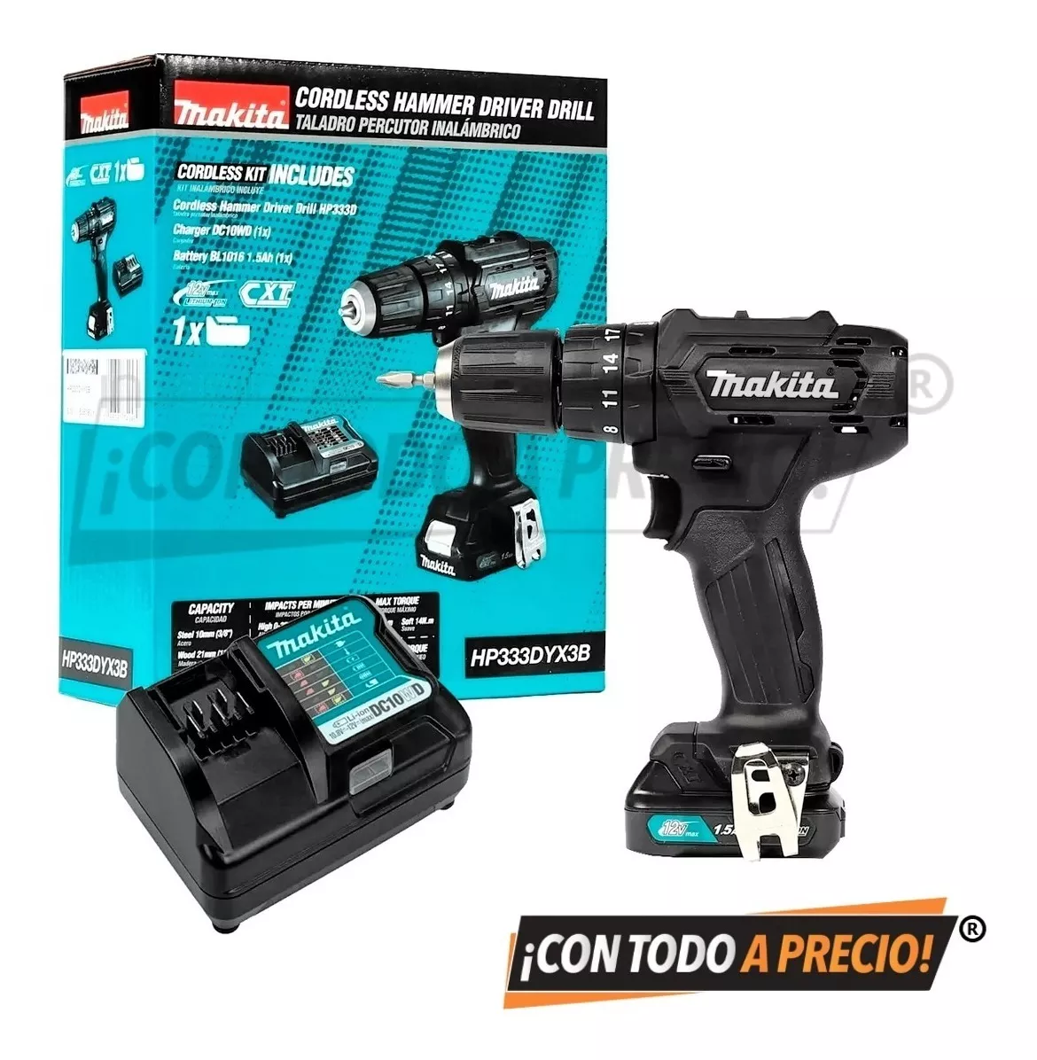 Taladro Rotomartillo Makita Hp333dyx3b + Set De Brocas