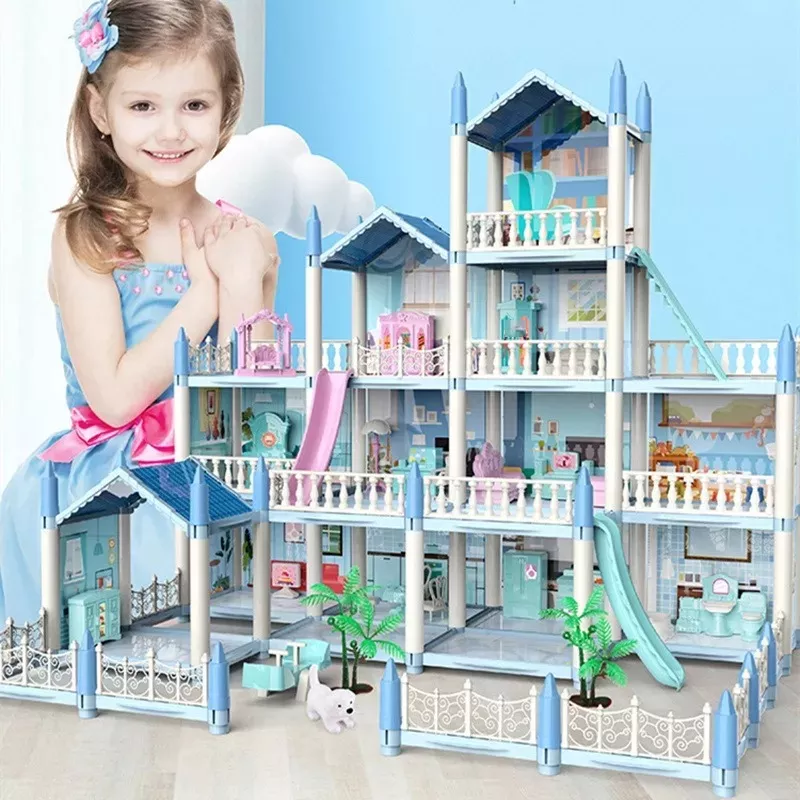 Casa de Muñecas Bricolaje azul con luces