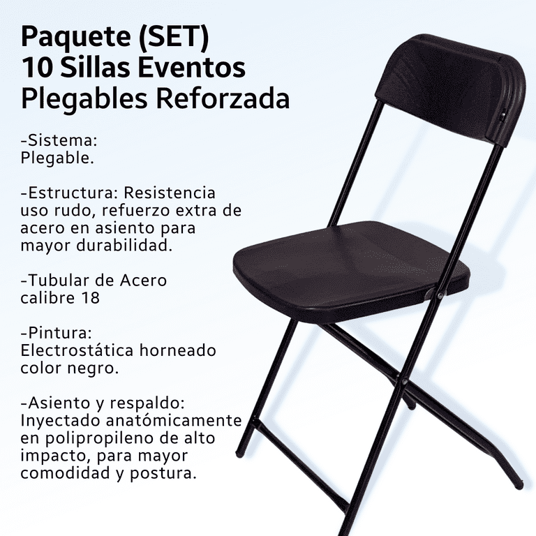 Kit 10 Sillas Plegables Reforzadas Plastico Calibre .18 para Eventos Exterior Jardin Fiestas Facil de Guardar Marthing Plegable Eventos