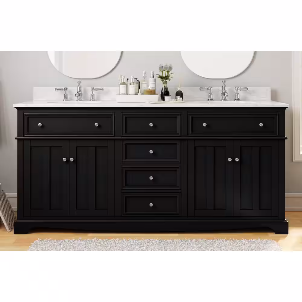 Decorators Collection Fremont tocador de ba&ntilde;o negro con lavabo doble de 72 pulgadas con tapa de m&aacute;rmol blanco (ensamblado) TJ-FTV7222BLK