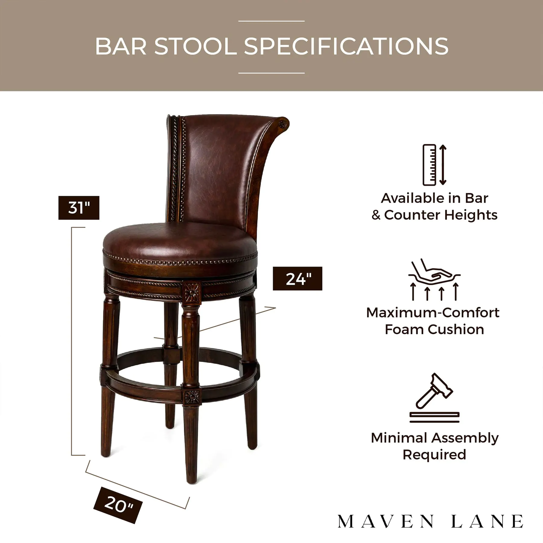 Maven Lane Pullman High-Back cocina Swivel Bar Stool, Dark Walnut, set de 4