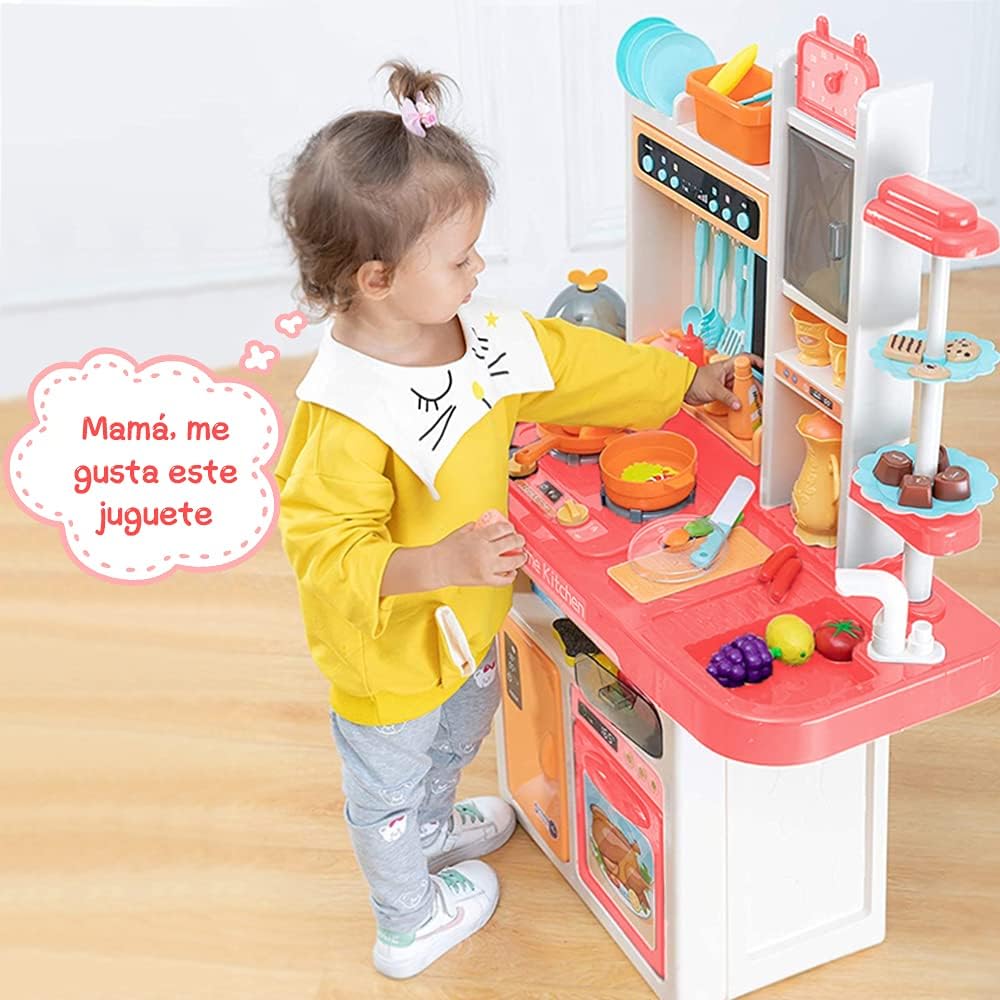 E T EASYTAO Cocina de Juguete para Nios de 65 Piezas con Humo, Luz, Sonido y Grifo para Salir Agua, Juguete Infantil Divertido, Juego de Roles, Regalo para Día del Nio （Altura: 93cm)