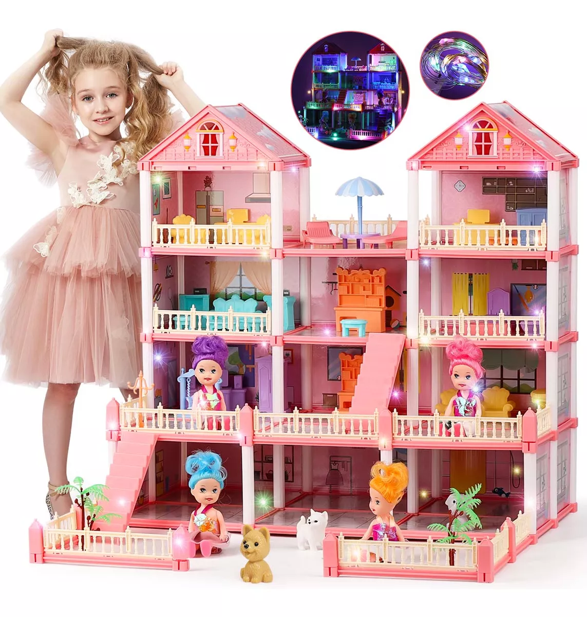 Casa De Mu&ntilde;ecas Led Con Muebles Castillo De Princesa 4 Capas