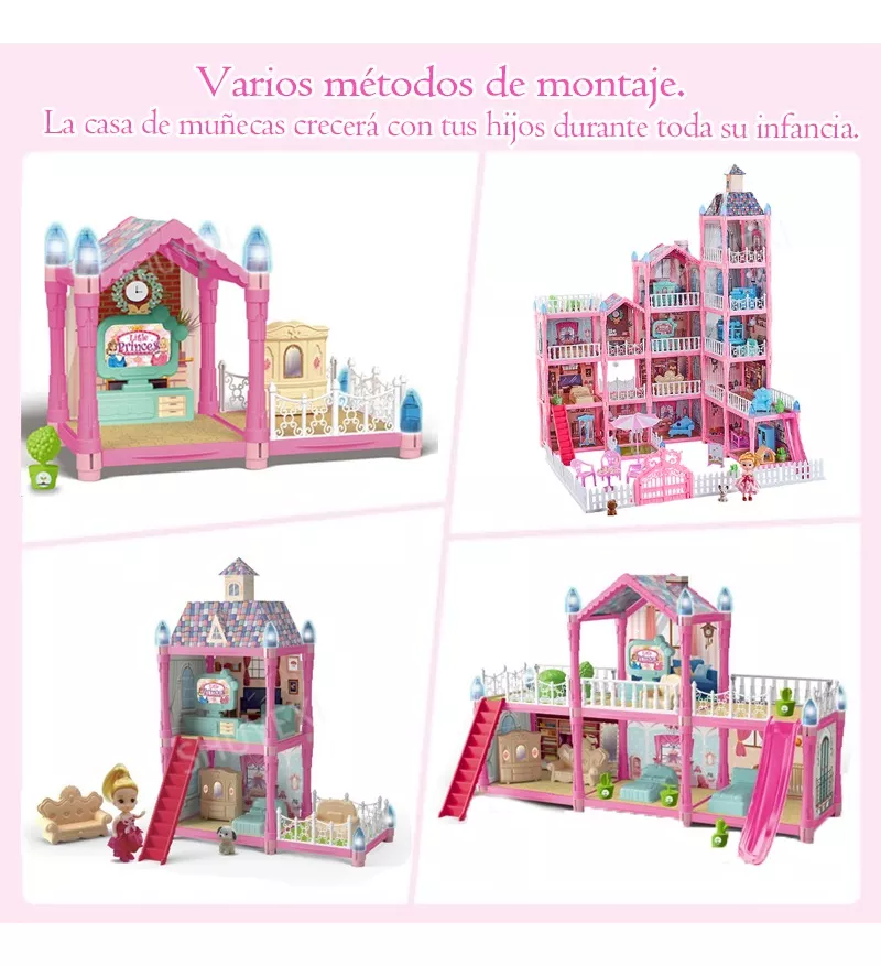 Casa De Muñecas Niña Rosa Con Tobogán De Luz Led Y Muñeca