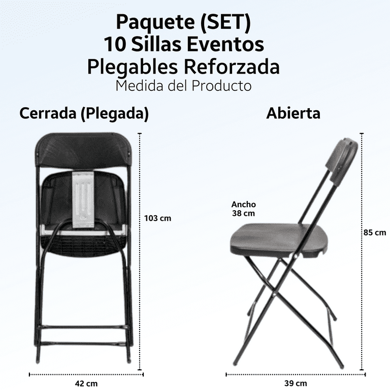 Kit 10 Sillas Plegables Reforzadas Plastico Calibre .18 para Eventos Exterior Jardin Fiestas Facil de Guardar Marthing Plegable Eventos