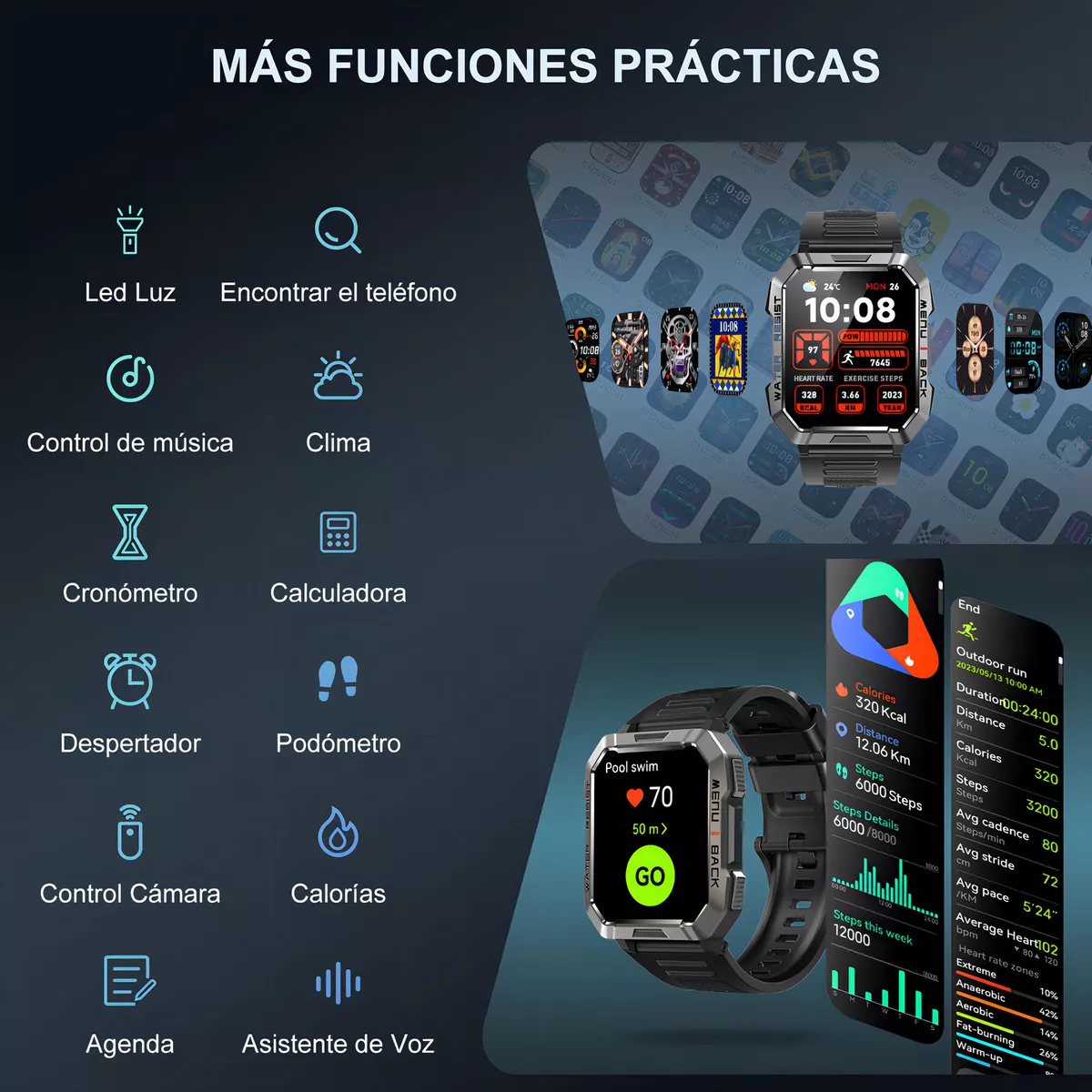 Feipuqu SmartWatch Reloj Inteligente W60 Negro De 2.1 Smart reloj Pulgadas Hombre Militar Linterna Bluetooth Ip68 Resistente Al Agua Batería De 900 Mah