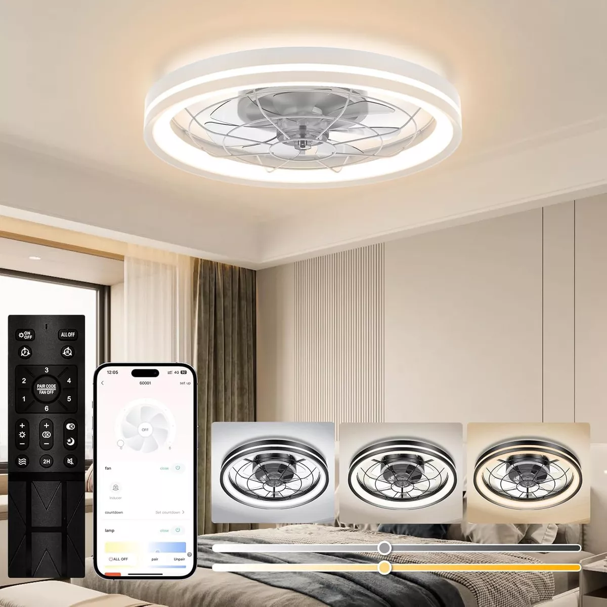 Ventilador De Techo Modernos Con Luz Led Y Control Remoto, 48cm Ventilador De Techo Silencioso De 7 Aspas, Ventilador Sin Aspas Regulable Con 6 Velocidades Para Habitaci&oacute;n Infantil Y De Estar