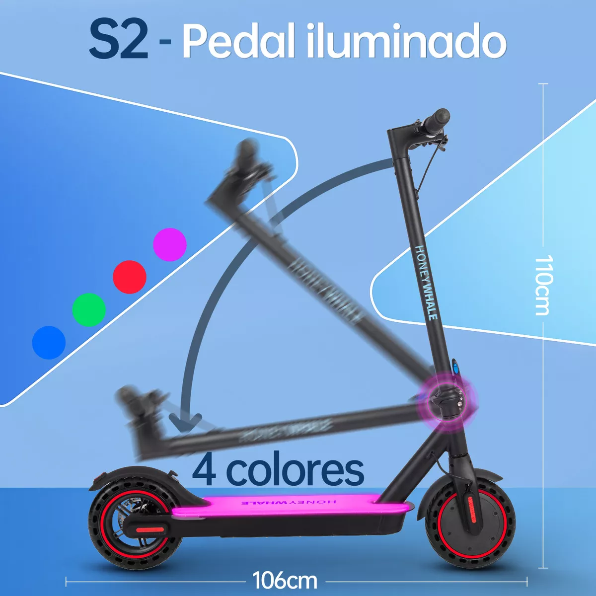 Scooter Eléctrico Patín Plegable Para Adultos S2-V2 Honey Whale Patin Electrico Con Motor Sin Escobillas Potencia Máxima 500w, Velocidad Máxima De 30km/h Con Luz Led En 4 Colores
