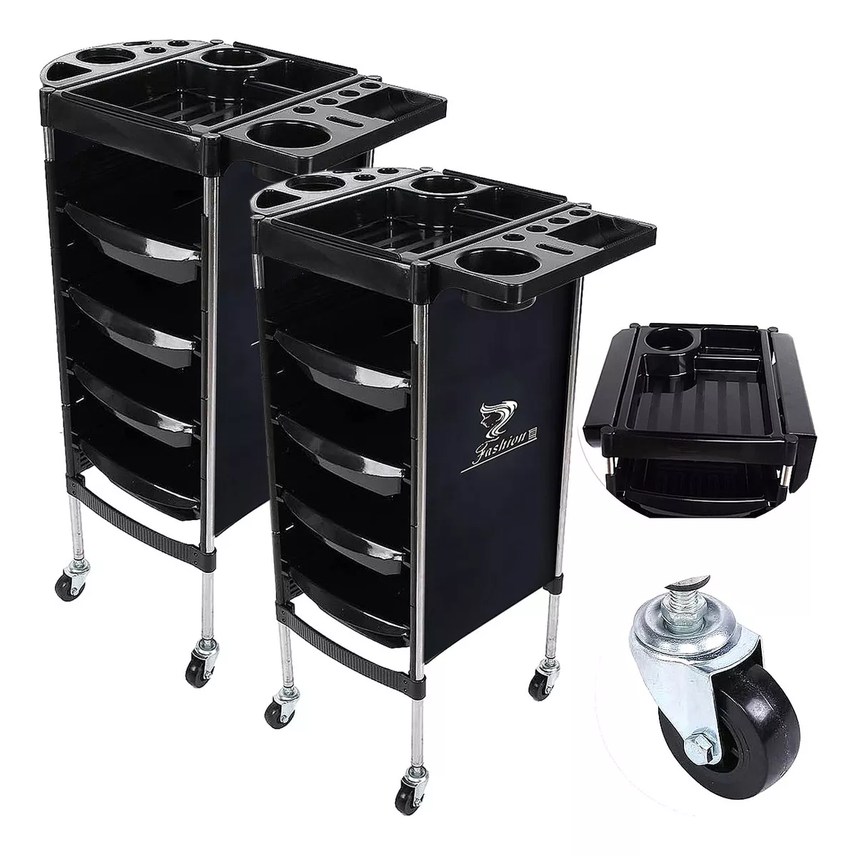 2 Carritos Auxiliares De Estetica Tatoo Multiusos 4 Cajones color Negro