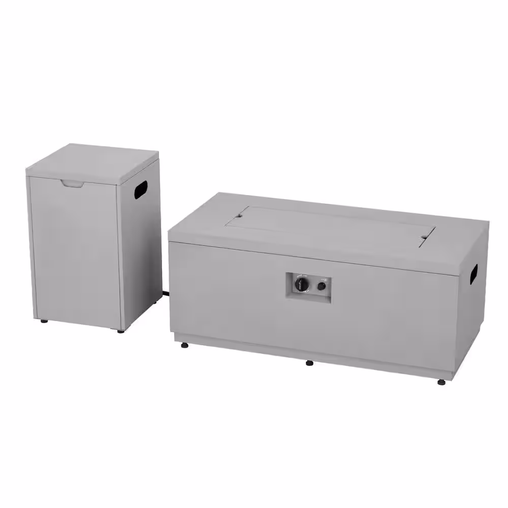 HeatMaxx Mesa rectangular para hoguera de gas propano de 42 pulgadas y 60 000 BTU con cubierta para tanque en gris cemento sint&eacute;tico SRGF12026