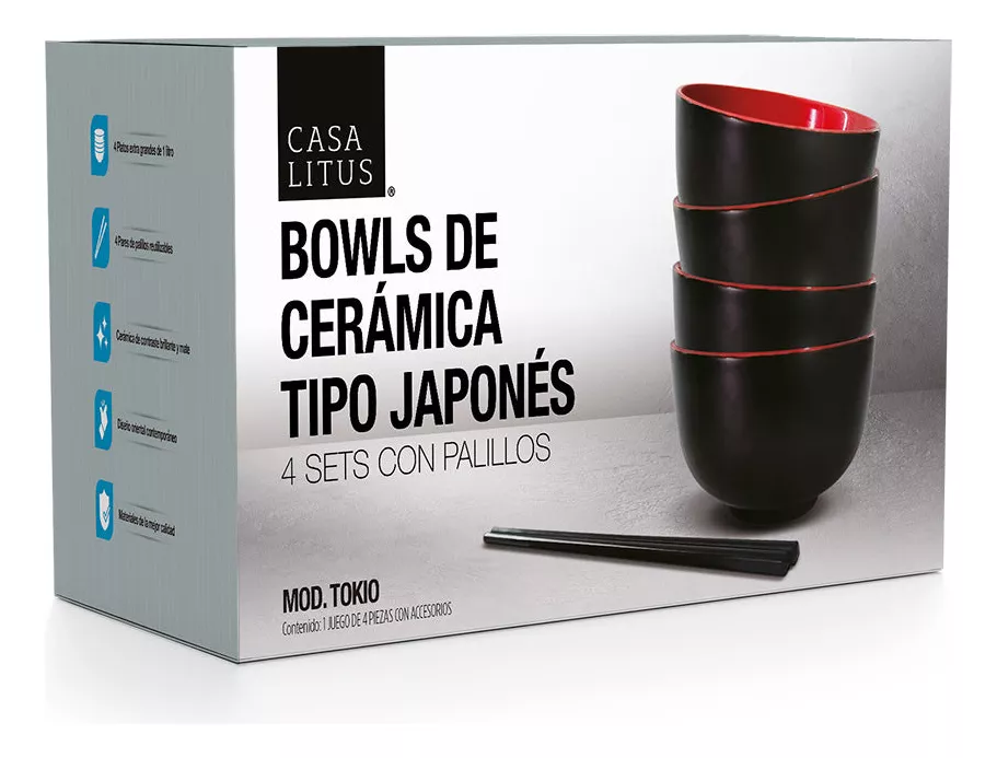 4 Platos de Cerámica para Ramen Extra Grandes (1 Litro), Incluye 4 Palillos Reutilizables de Melamina, Bowls para Noodles, Comida Japonesa y Asiática, Sopa, Cereal
