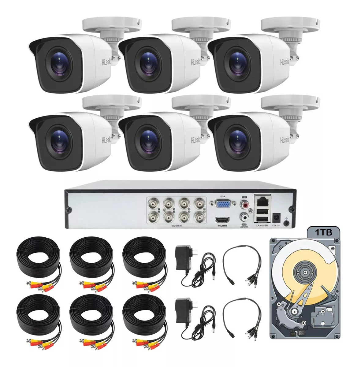 kit Circuito Cerrado Hilook Dvr 8 Canales 6 Camaras 720p 1mp Hd Thc-b110-p Cable 18mts + Disco Duro 1tb