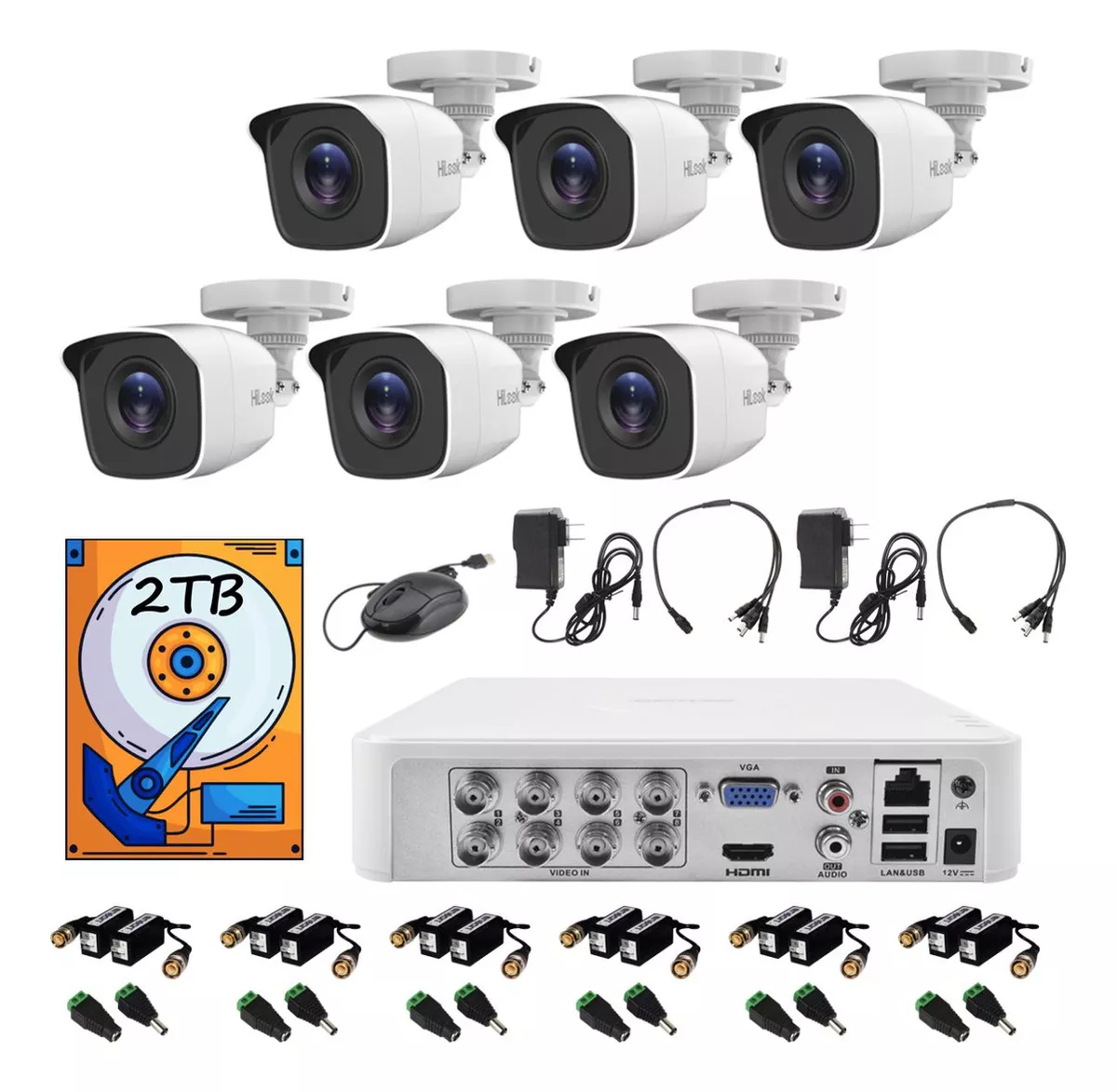 kit Circuito Cerrado Hilook Dvr 8 Canales 6 Camaras 1080p 2mp Full Hd Thc-b120-pc Video Baluns + Disco Duro 2tb