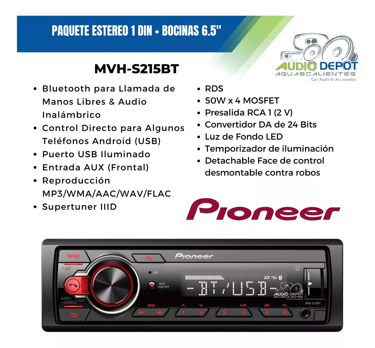 Paquete Estéreo 1 Din Pioneer Con Bocinas 6.5 PuLG Steel