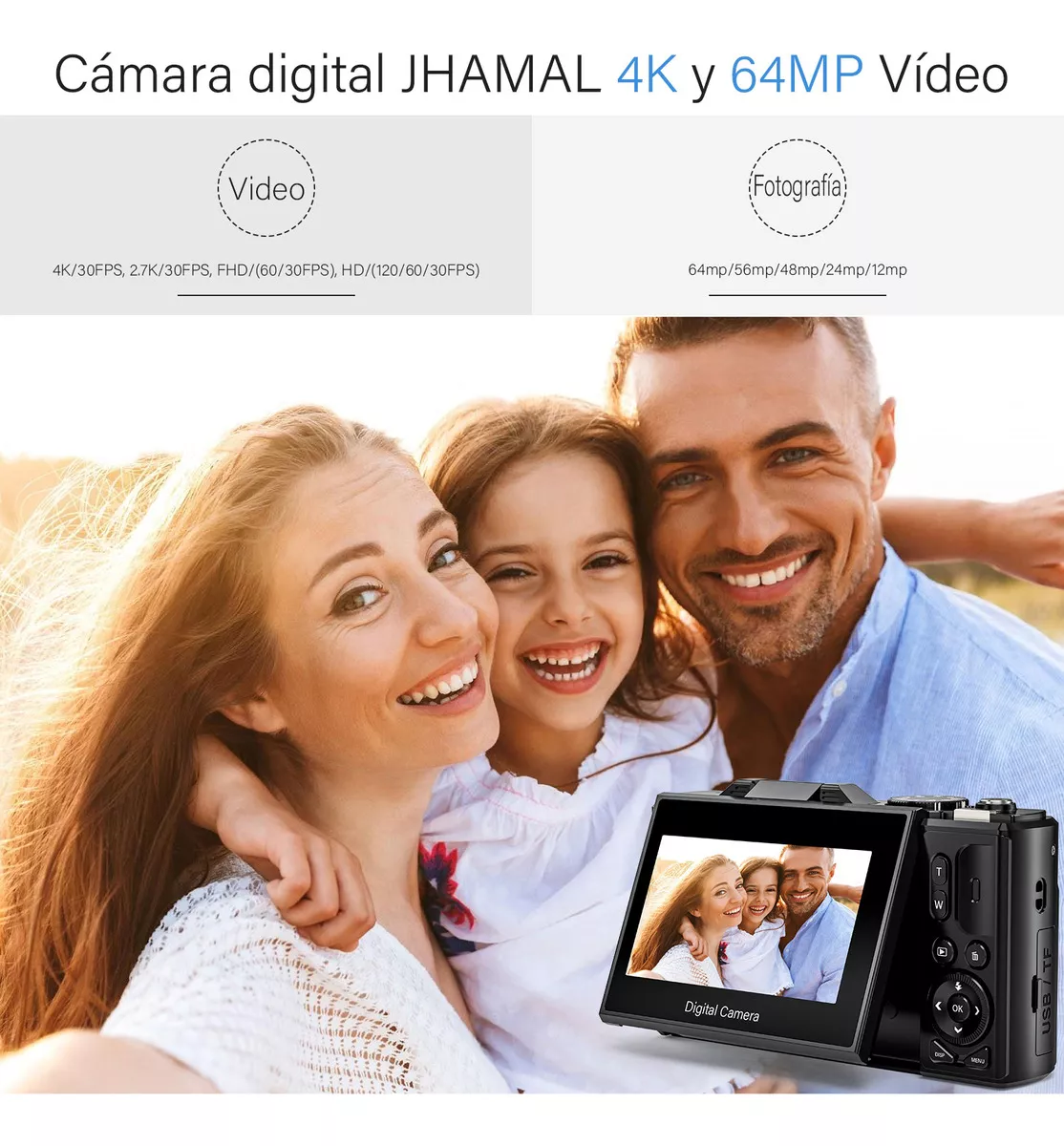 Cámara Digital 4k 64mp Cámara Vlog Con Tarjeta Sd, 2 Pilas Cámara Digital 4k 64mp +32gb Webcam Filtros Principiantes