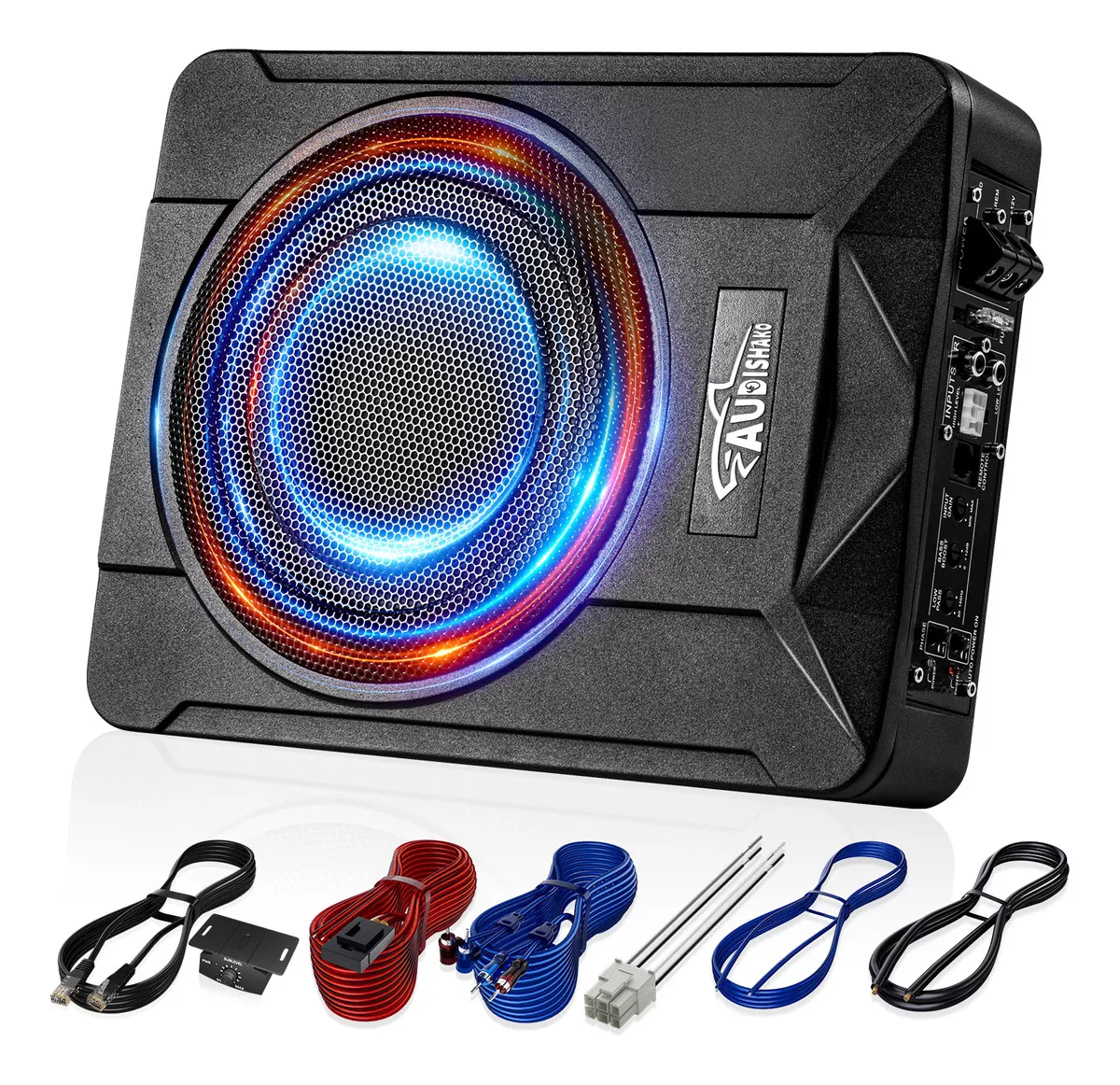 Subwoofer Amplificado Para Auto 8 Pulgadas 4Ω 4 Bobinas Para Carros, Pickups Y Suv Incluye Control Remoto, Cables Y Accesorios De Instalación Audishako Cgp-889