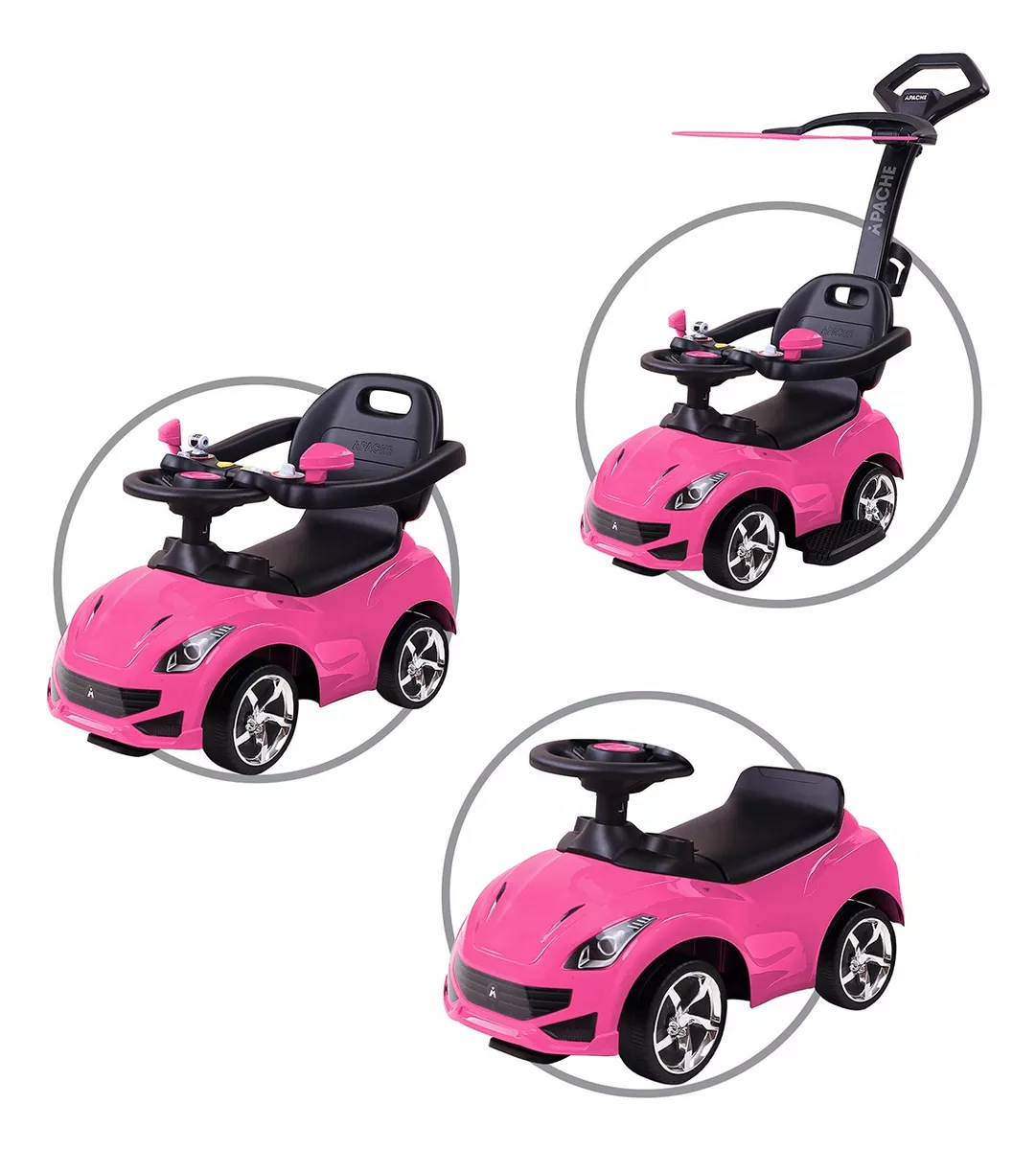 Carrito 3 En 1 Apache Rosa Barra De Empuje, Sonido Y Techo