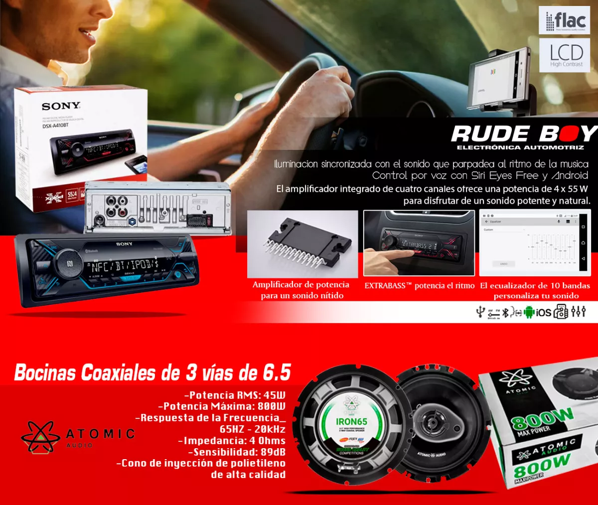 Estereo Sony Dsx-a410bt + Bocinas Iron 6.5 Atomic