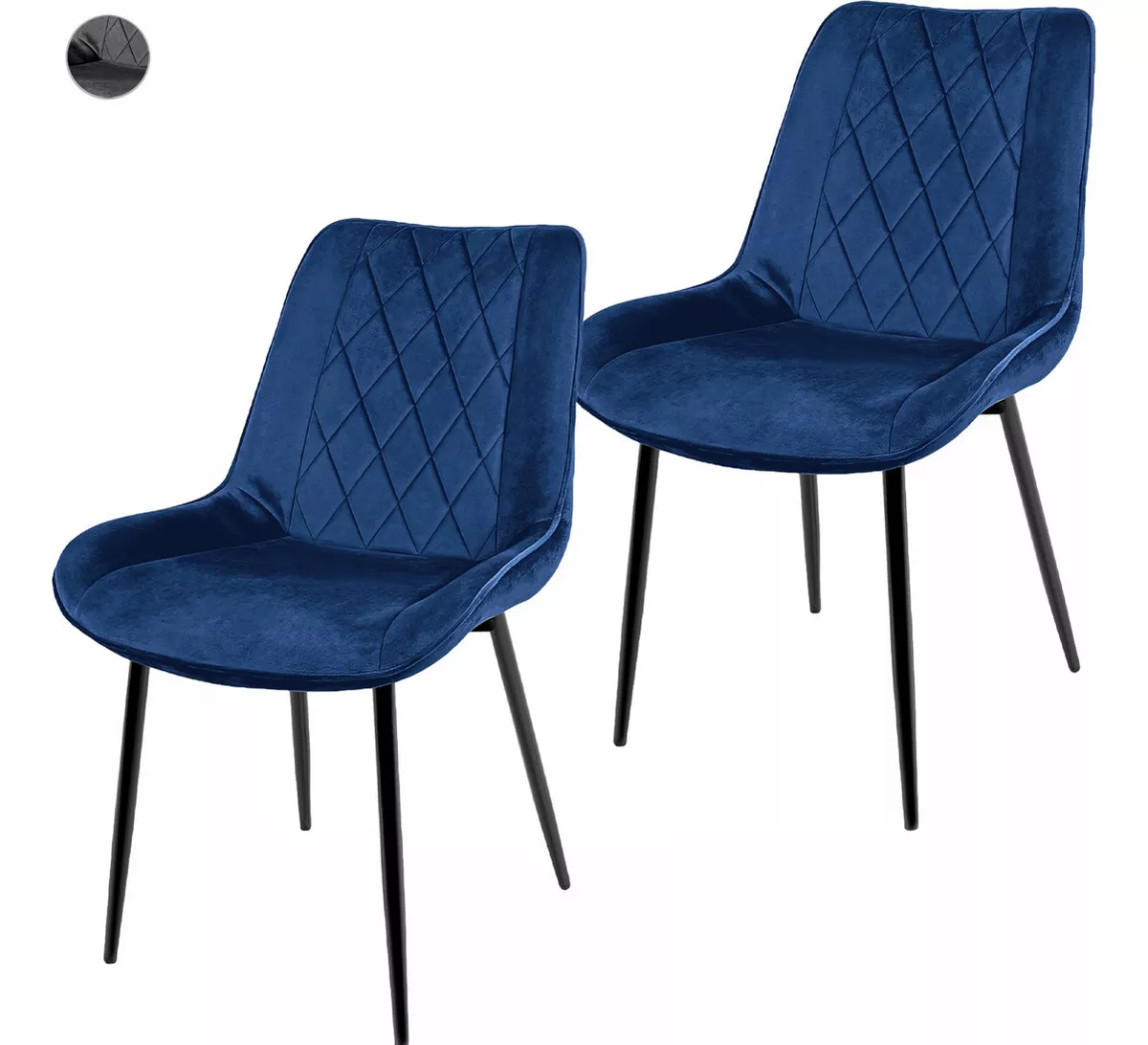 Set 2 Sillas Comedor Tapizadas Terciopelo Elegantes Modernas Estructura de la silla Negro Asiento Azul marino