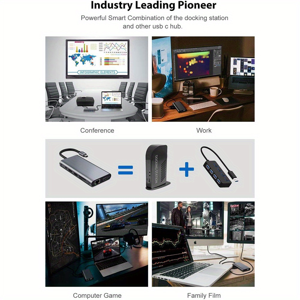 "Mejore la conectividad de su computadora port&aacute;til con nuestro adaptador para computadora port&aacute;til USB C 12 en 1: paquete triple: pantalla triple, HDMI 4K, PD3.0, lector de tarjetas SD TF, Gigabit Ethernet