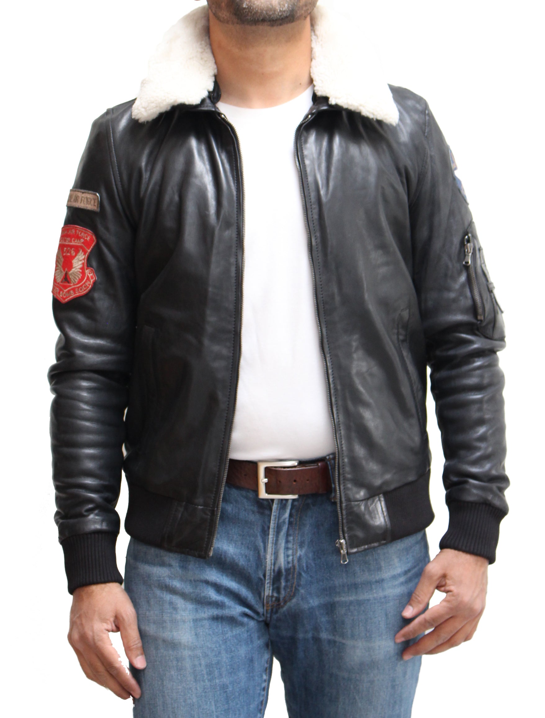 Chaqueta con cuello de piel de oveja negra y crema para hombre - Luke