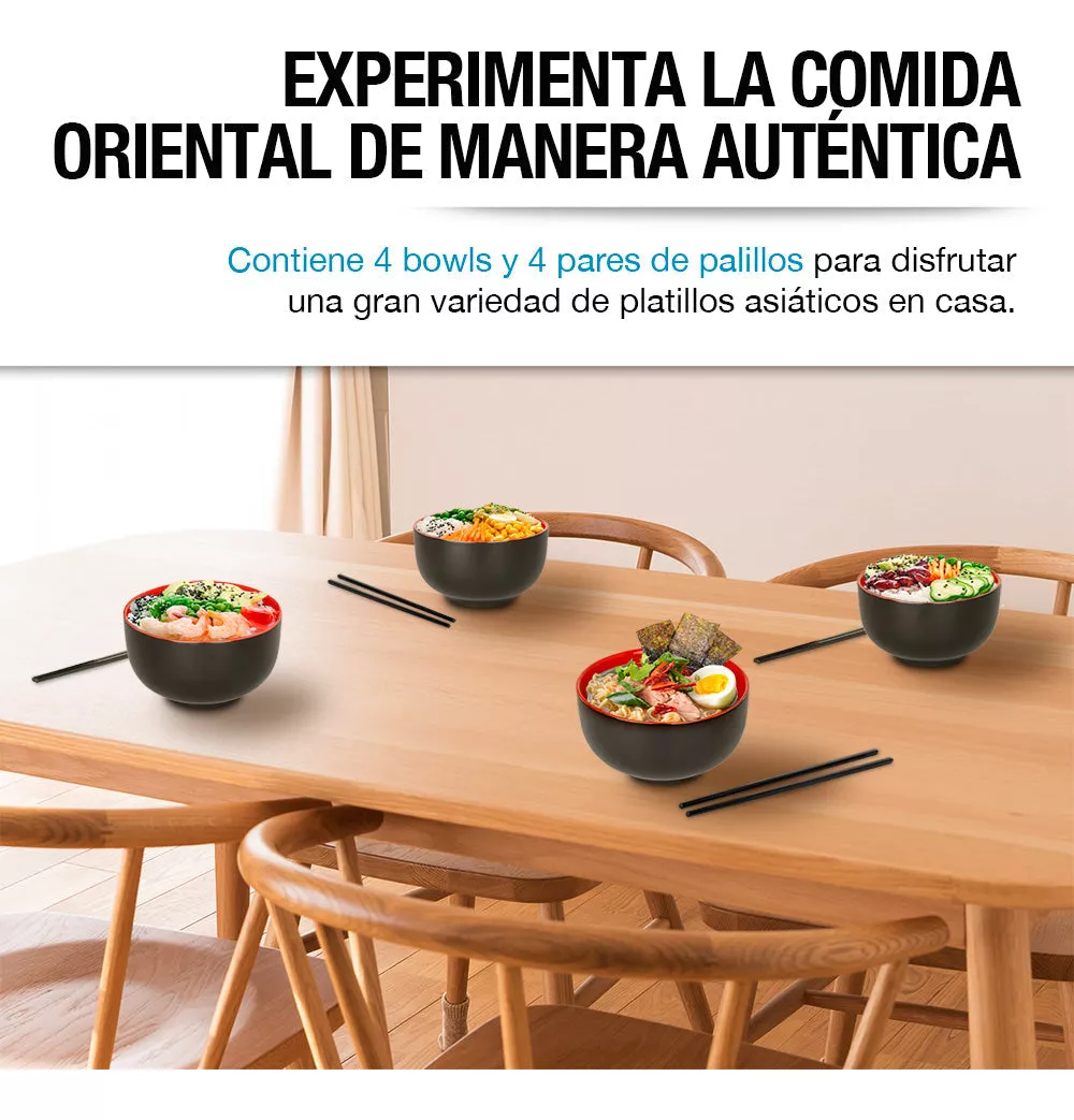 4 Platos de Cerámica para Ramen Extra Grandes (1 Litro), Incluye 4 Palillos Reutilizables de Melamina, Bowls para Noodles, Comida Japonesa y Asiática, Sopa, Cereal