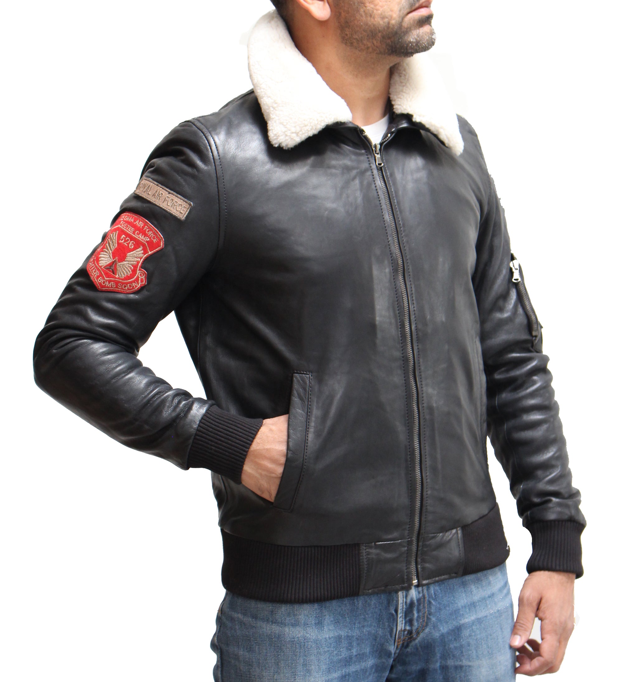Chaqueta con cuello de piel de oveja negra y crema para hombre - Luke